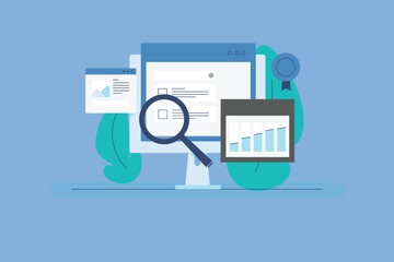 SEO Analysis tool, SEO marketing software, Website analytics, Website content marketing, Vector illustration concept.