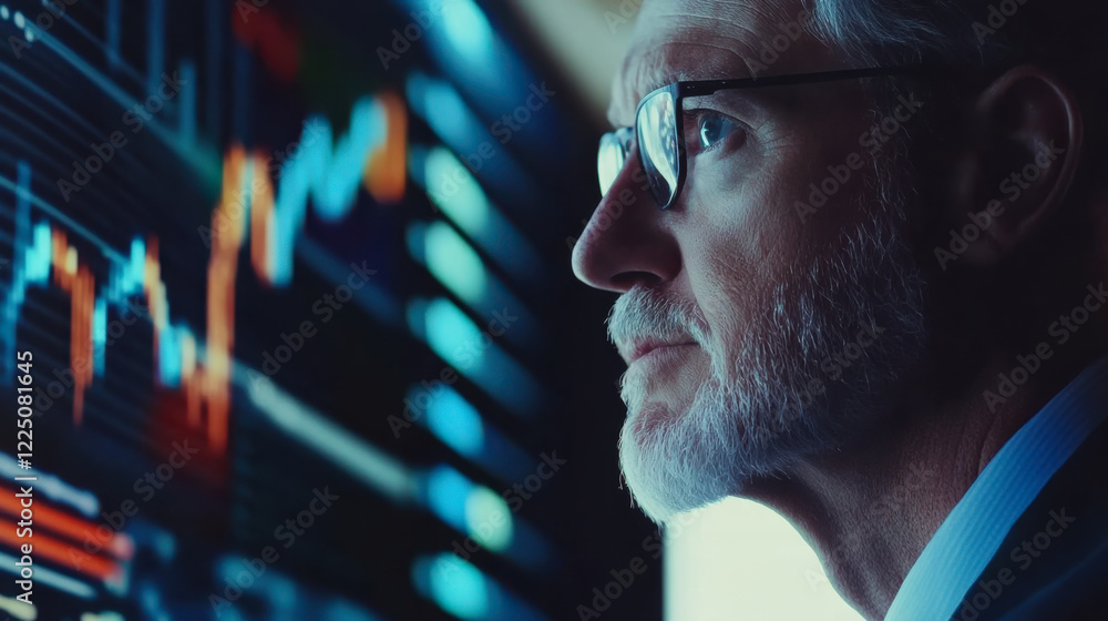 Poster data analyst focuses on complex graphs while analyzing metrics in a dark office environment during n
