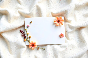 Elegant blank greeting card with delicate floral arrangement on soft fabric, perfect for personalized messages, wedding invitations, and romantic notes. Selective focus