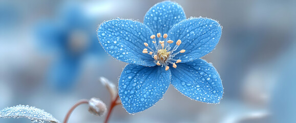 Closeup of a Blue Flower Covered in Dew Drops
