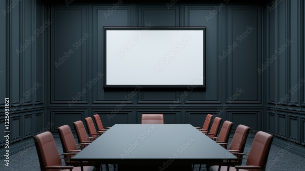 Poster empty corporate boardroom showing presentation screen and table with chairs