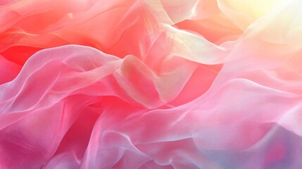 Fototapeta premium Abstract image of flowing translucent fabric in warm colors, with red, pink, and orange hues, showing textured surface and soft light. The background