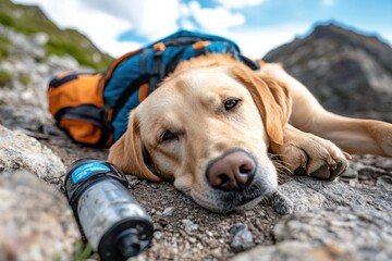 A golden retriever rests beside backpacking gear among rocks, symbolizing the close bond shared between pets and their owners during outdoor adventures in nature.