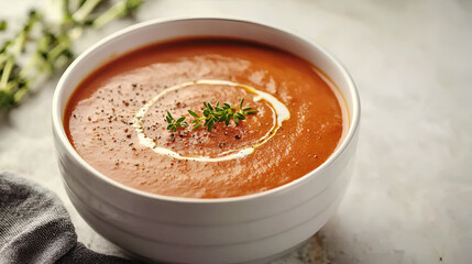 Creamy tomato soup, garnished with thyme and a swirl of cream. A comforting and flavorful bowl of warmth.