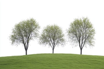 Obraz premium Three Lush Green Trees on a Gentle Hill with White Sky Background