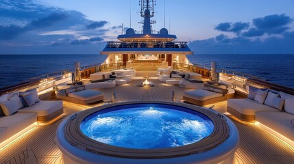 Luxury yacht's deck at twilight, featuring a jacuzzi. Illustrates lavish lifestyle, perfect for travel/luxury articles.