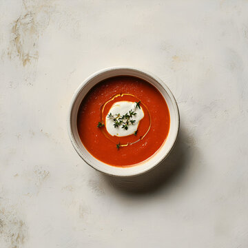 A bowl of vibrant red soup, garnished with a dollop of cream and fresh herbs.