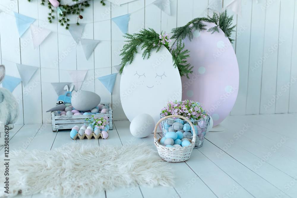 Wall mural Decorative festive Easter eggs. Child room in the spring style. Colorful Easter room interior design with figurine bunny. Baskets with lot colorful Easter eggs and carrots! Holiday flags on white wall