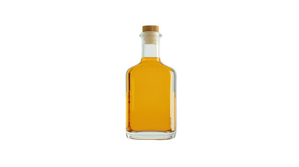 Clear glass whiskey bottle with cork stopper and amber liquid