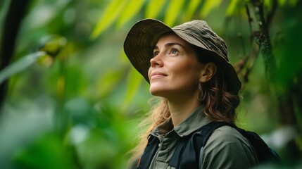 An environmental portrait of a conservationist observing wildlife