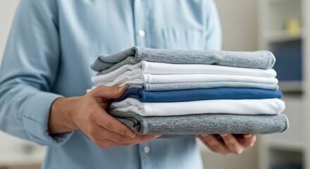 Obraz premium A close-up of a man in a light blue shirt holding a neatly folded stack of clothes including white, gray and blue fabrics