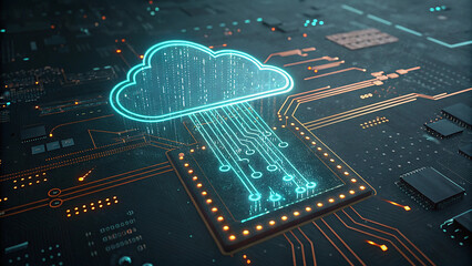 Generative AI image of cloud computing and digital data transfer with computing networked across cities country and globe with virtualization approach