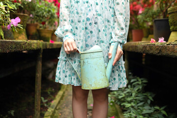 Cropped image of woman in dress with garden tools in greenhouse. Hobby, indoor gardening, plant lovers. Girl hands holding watering can in orangery. Image without face. 