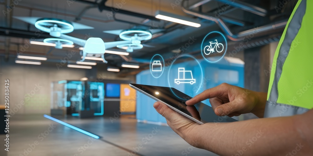 Poster modern delivery system using drones and tablet technology