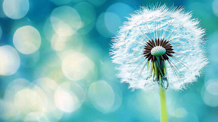 Close-up of a dandelion seed head against a soft blue bokeh background, evoking tranquility and nature
