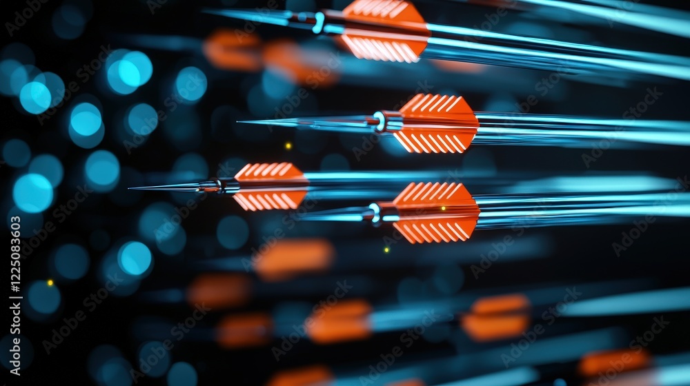 Poster arrows symbolizing focus flying through layers of digital graphs toward a target