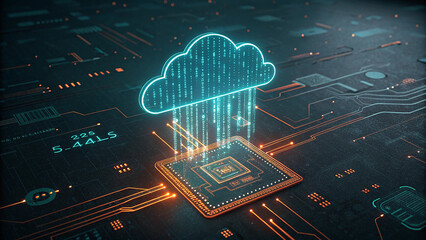 Generative AI image of cloud computing and digital data transfer with computing networked across cities country and globe with virtualization approach