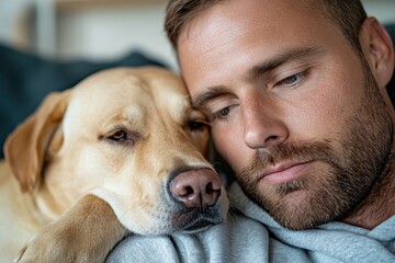 A man and his Labrador share a reflective moment, signifying a deep emotional connection and the comfort that comes with being with a loyal pet.