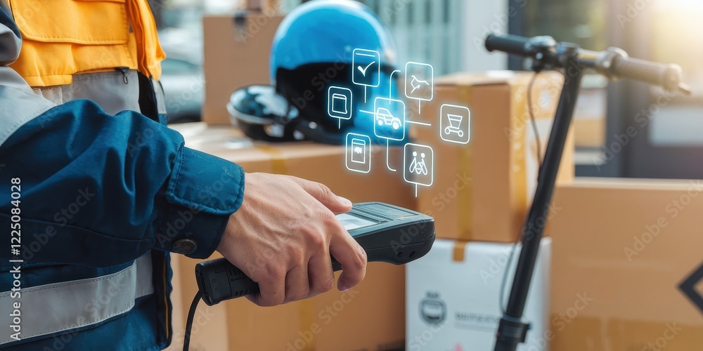 Poster delivery worker using digital device for package tracking