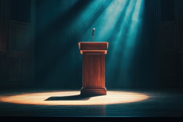 Wooden podium with microphone on stage, lit dramatically. Ideal for presentations, speeches, or public speaking concepts.