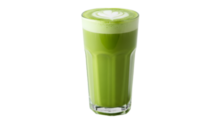 Vibrant Matcha Latte with Frothy Green Topping and Heart Design in a Clear Glass on a Black Background