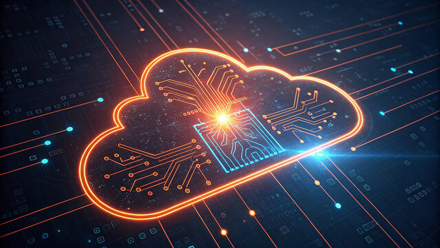 Generative AI image of cloud computing and digital data transfer with computing networked across cities country and globe with virtualization approach
