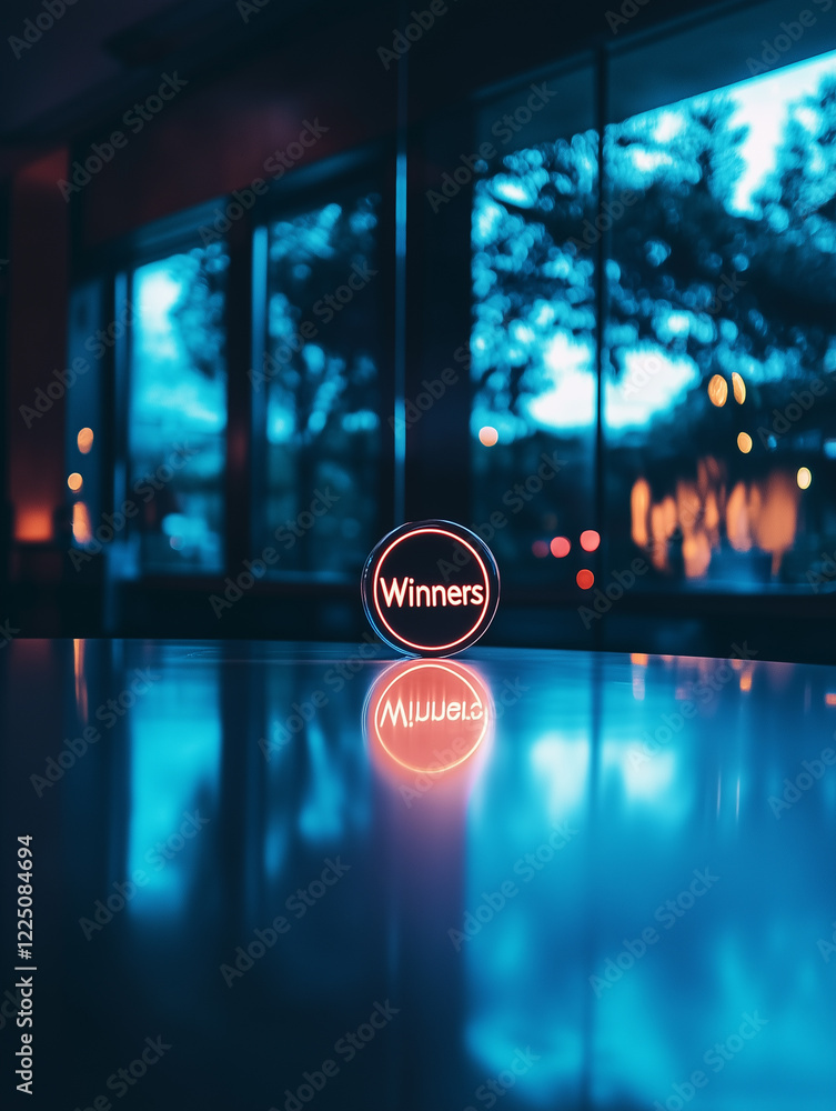 Aufkleber minimalistic glowing display of winners lit under soft evening light near windows with urban view