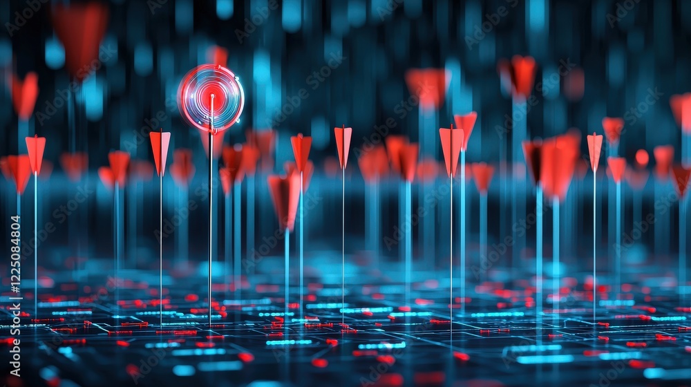 Poster arrows symbolizing focus flying through layers of digital graphs toward a target
