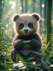 Obraz premium Endearing Panda Sitting with Bamboo Radiating Charm in Peaceful Forest Setting