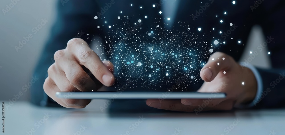 Poster a person interacts with a tablet, surrounded by glowing particles, symbolizing digital innovation an