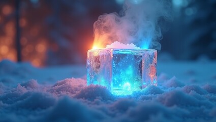 Close -up A bioluminescent ice cube burning on the snow blue and orange flame beautiful fire in ice