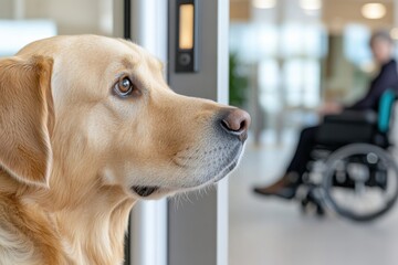 A golden retriever stands elegantly in front of a wheelchair user, embodying loyalty and companionship in a contemporary setting that reflects a caring relationship.