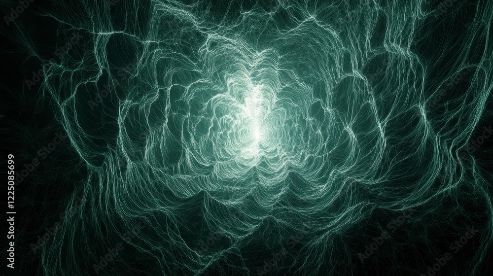 Poster abstract background with swirling particles glowing in teal and white light. dark background with a 