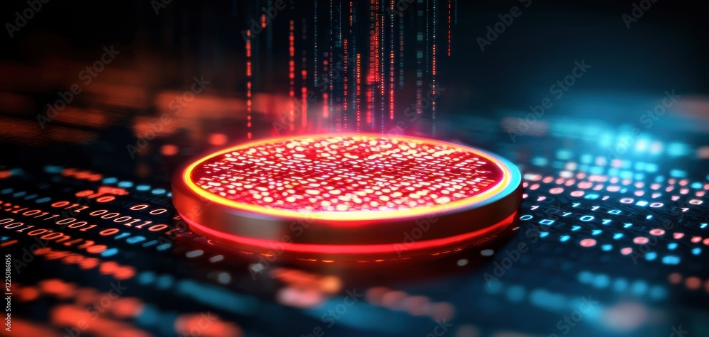 Poster A glowing, circular object emits data streams in a digital environment, showcasing a high-tech, futuristic aesthetic.