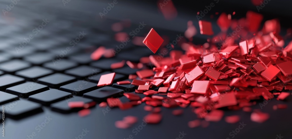 Poster A close-up image of a keyboard with scattered red geometric shapes, creating a striking contrast against the dark background.