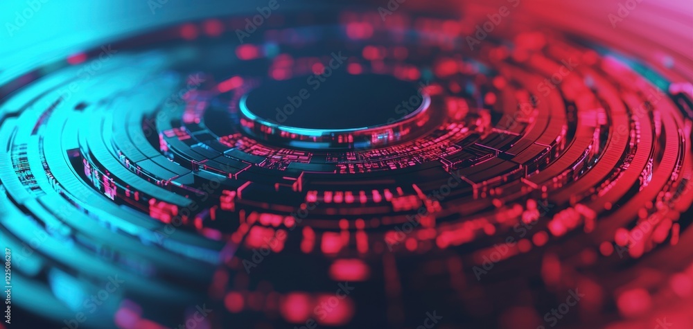 Poster an abstract, colorful digital design featuring concentric circular patterns with a futuristic feel, 