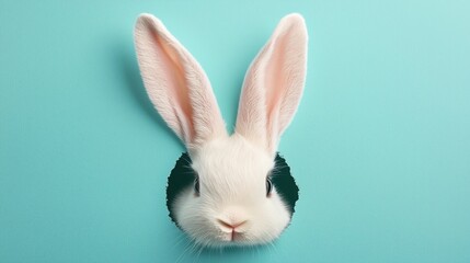Obraz premium A cute white rabbit peeking through a hole in a turquoise background.
