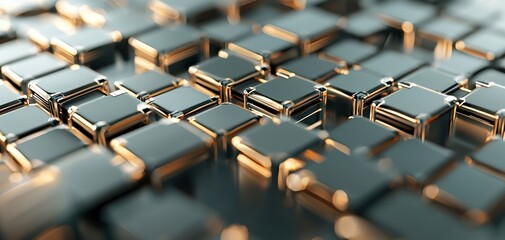 Fototapeta premium A close-up view of a textured surface featuring numerous interconnected, shiny, dark square elements creating a visually striking pattern.