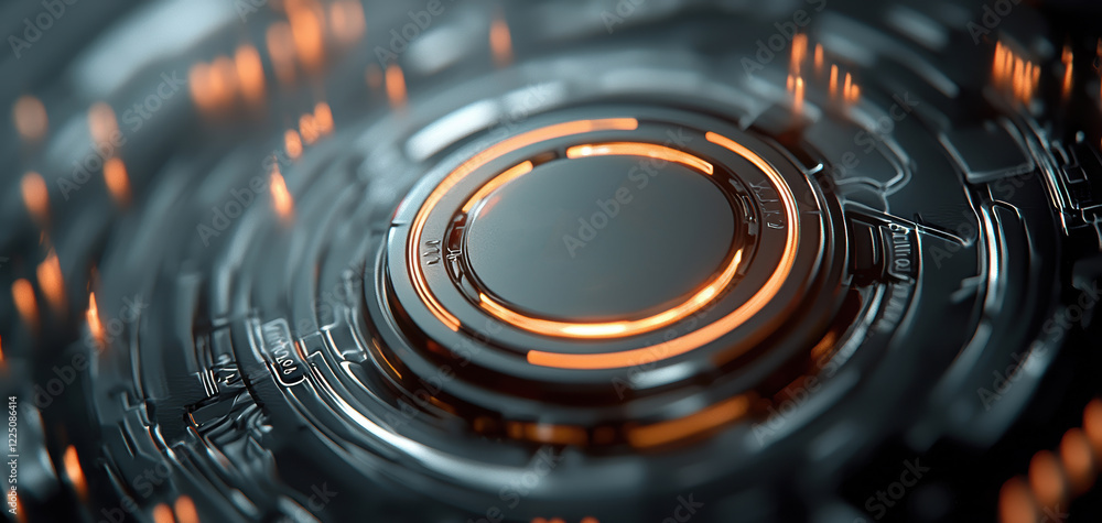 Aufkleber A futuristic, abstract design featuring a central circular element with glowing orange accents and intricate digital patterns.