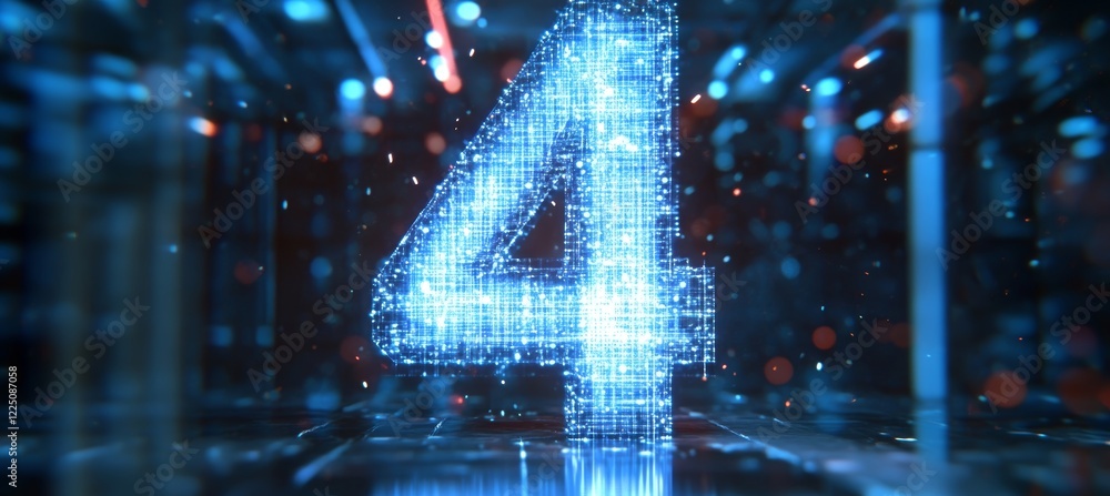 Poster glowing futuristic number 4 in abstract digital server room with a bokeh effect, 3d rendering