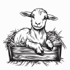 Newborn Goat Curled Up in a Cozy Wooden Crate with Straw in Vector Ar