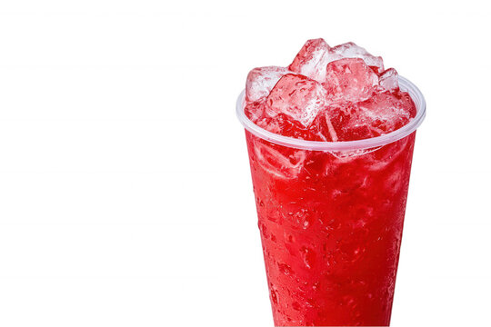 Refreshing drink served in a clear cup filled with ice, showcasing a vibrant red color that evokes a sense of summer enjoyment, ideal for a hot sunny day at the beach or poolside