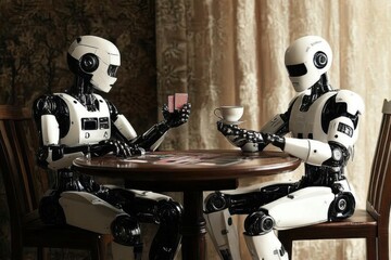 Fototapeta premium Two robots sit across a table playing poker. Another robot serves them tea