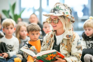 A librarian conducting a storytelling session for children, animatedly reading from a colorful book with kids gathered around