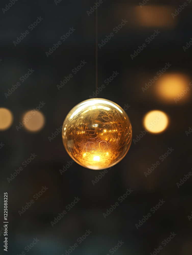 Poster golden lottery number ball with beautiful reflections and soft bokeh lighting in the background duri