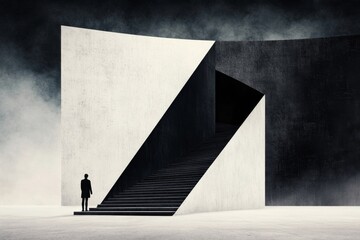 A minimalist design of a person standing in front of a considerably large staircase, with bold lines indicating upward progress