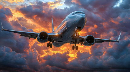 Airplane Landing Through Dramatic Sunset Clouds