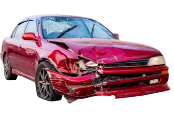 Car crash, Full body front and side view of classic red sedan car get damaged by accident on the road. damaged cars after collision. Isolated on transparent background, car crash broken, PNG File