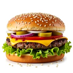 Photorealistic hamburger, sesame seed bun, juicy beef patty, melted cheese, crisp lettuce, ripe tomato slices, purple onion rings