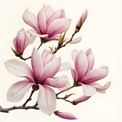 Magnolia blossoms, delicate pink petals, botanical illustration, white background, high detail, soft lighting, elegant composition